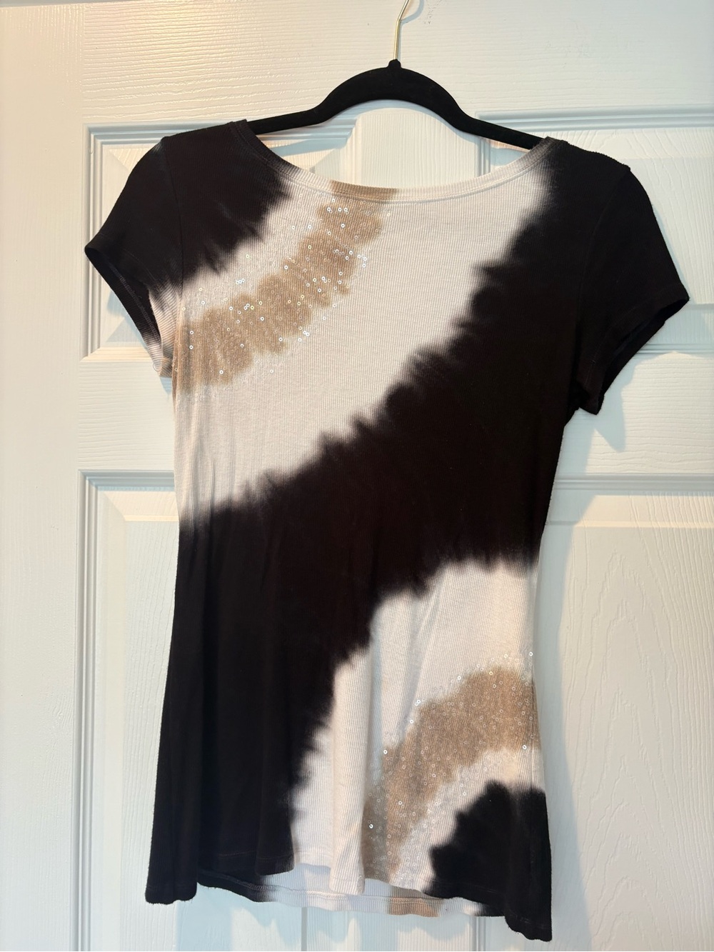 INC - Women's Black, White & Tan Tie-Dye Short Sleeve Sparkle Top